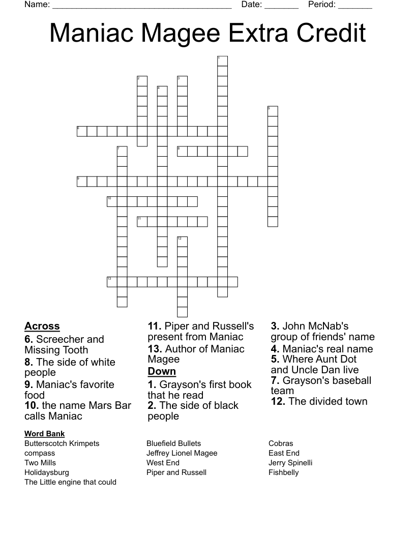 Maniac Magee Extra Credit Crossword