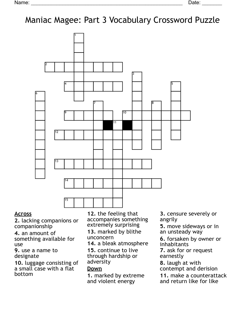 Maniac Magee: Part 3 Vocabulary Crossword Puzzle