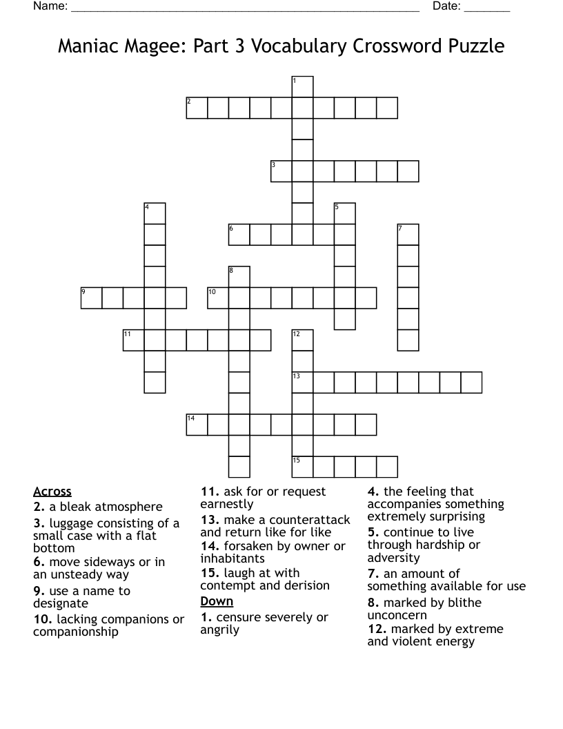 Maniac Magee: Part 3 Vocabulary Crossword Puzzle