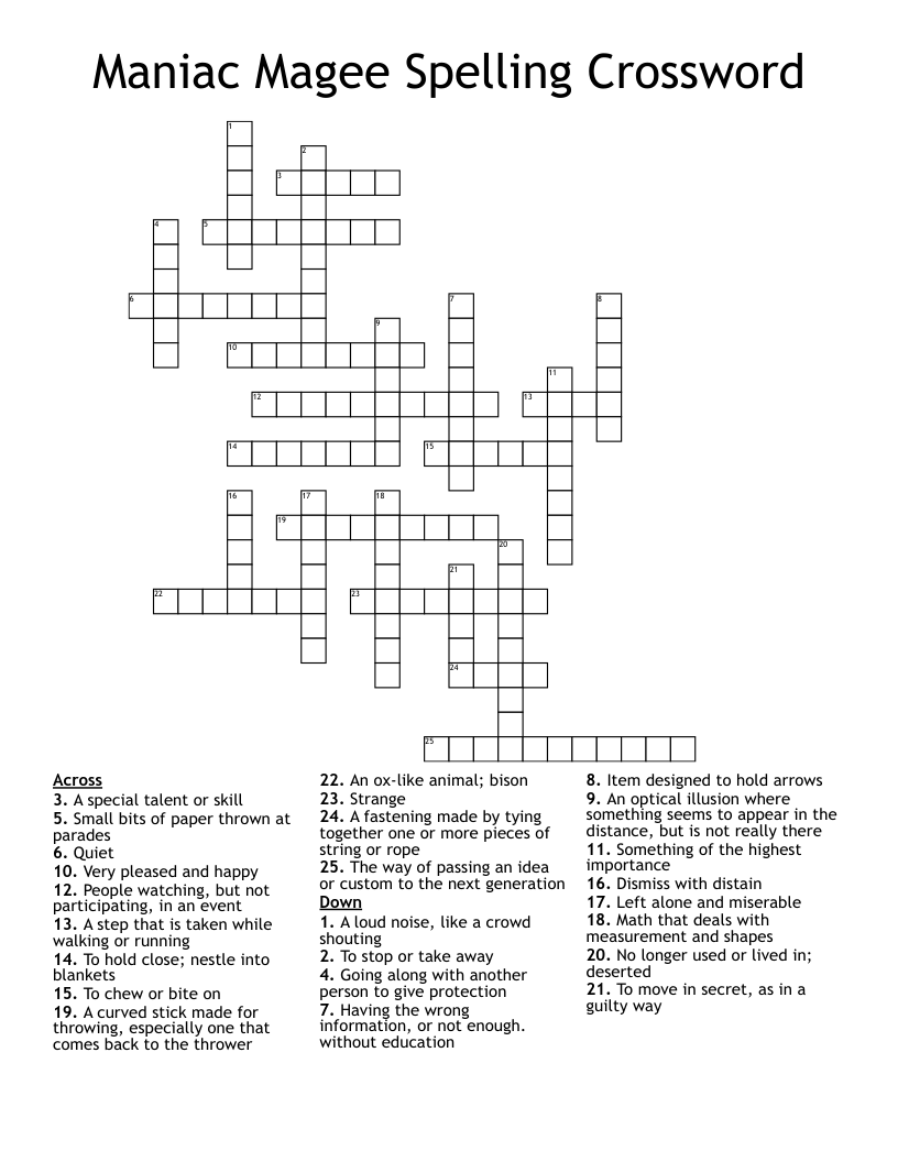 Maniac Magee Spelling Crossword