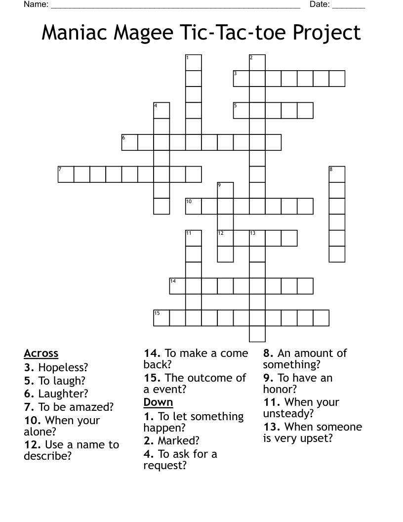 Maniac Magee Tic-Tac-toe Project Crossword