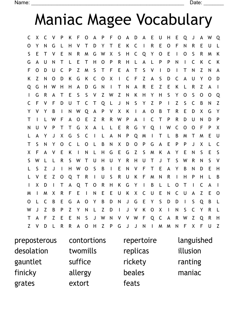 Maniac Magee Vocabulary Word Search