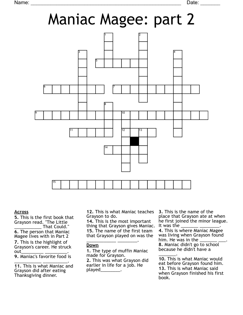 Maniac Magee: part 2 Crossword