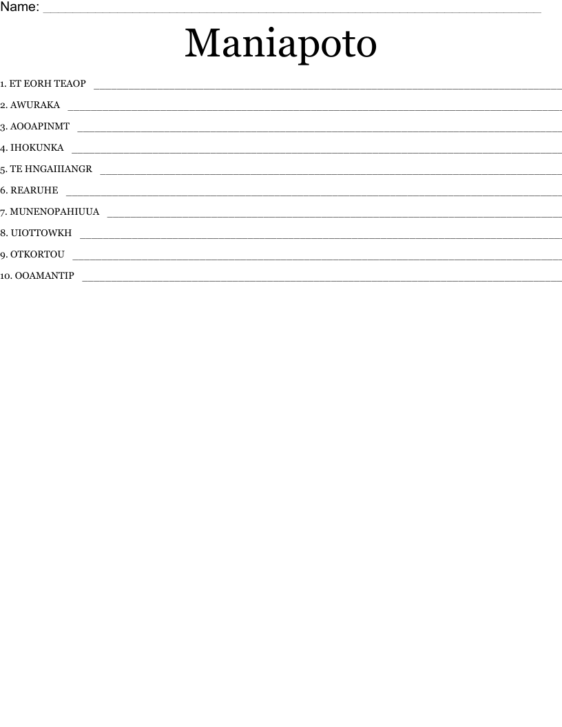 Maniapoto  Word Scramble