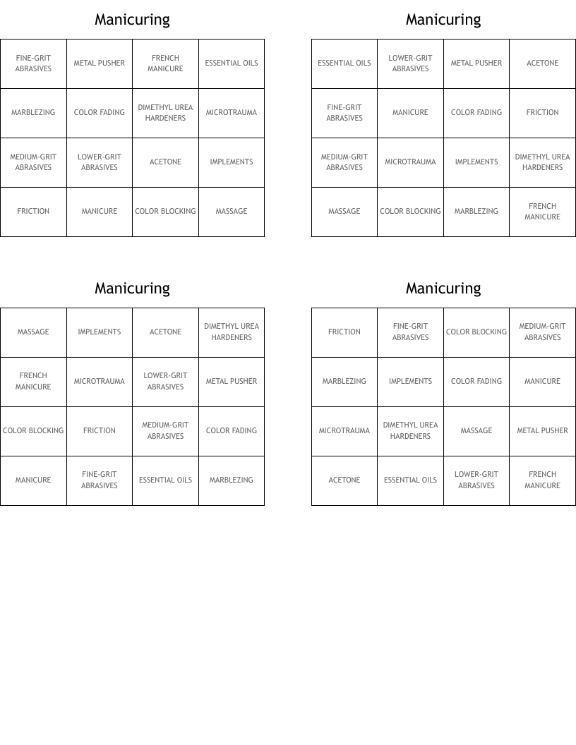 Manicuring Bingo Cards