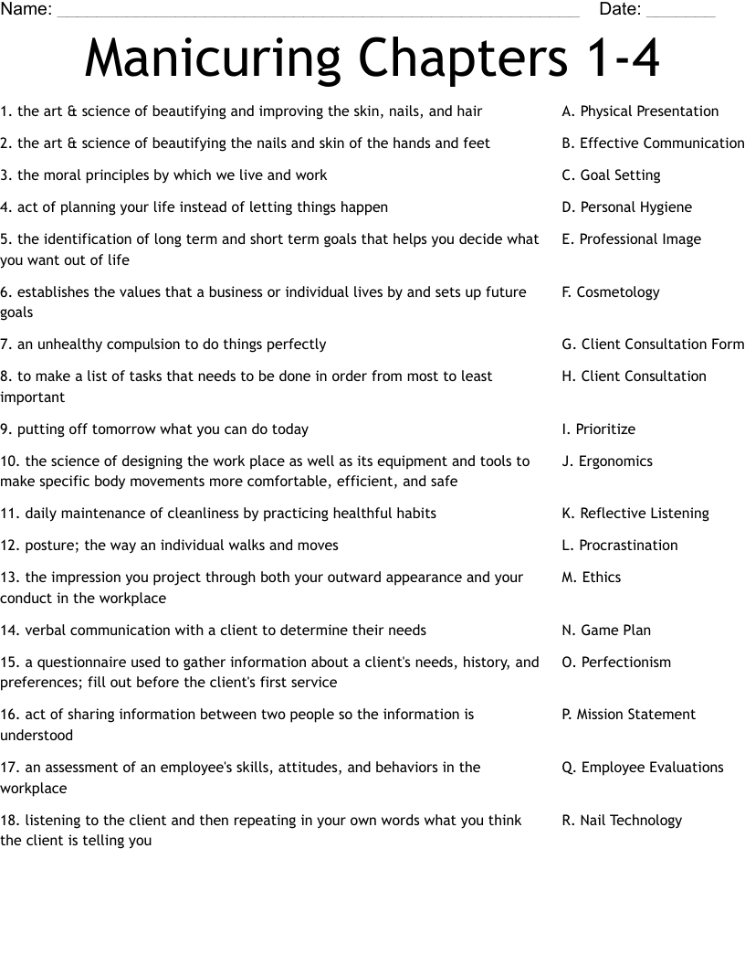 Manicuring Chapters 1-4 Worksheet