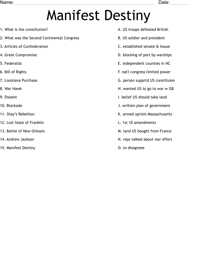 Manifest Destiny Worksheet