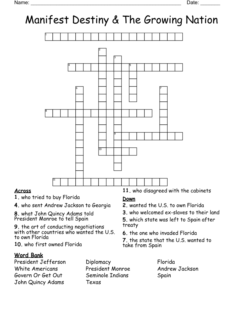 Manifest Destiny & The Growing Nation Crossword