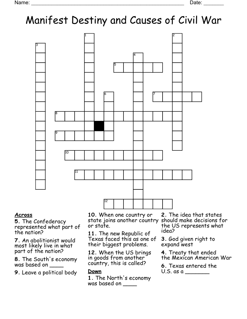 Manifest Destiny and Causes of Civil War Crossword