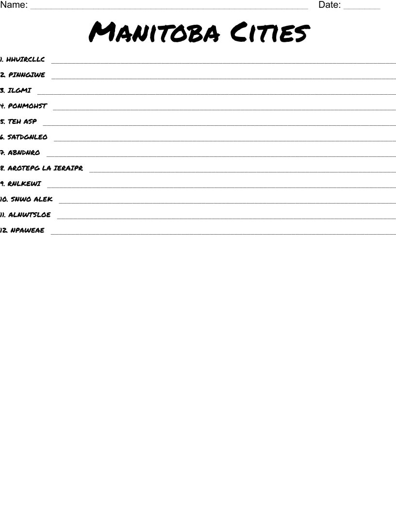 Manitoba Cities Word Scramble