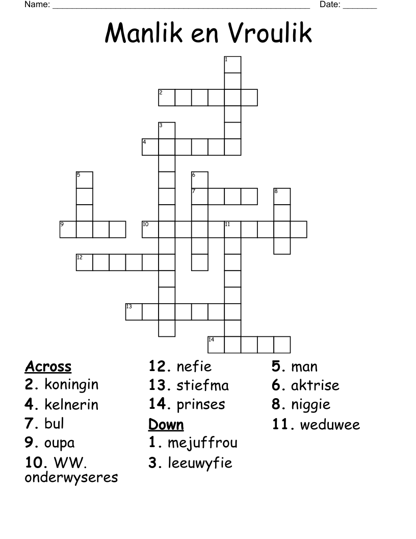 Manlik en Vroulik Crossword