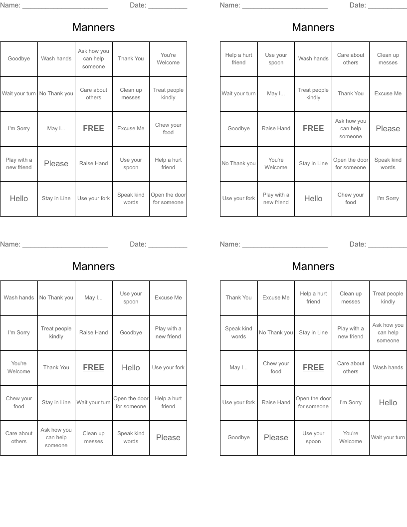 Manners Bingo Cards