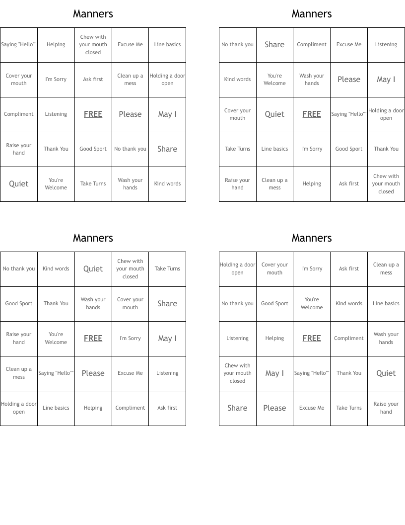 Manners Bingo Cards