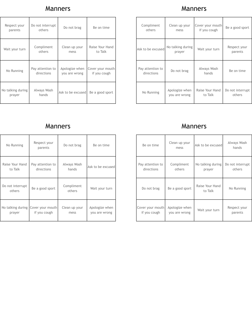Manners Bingo Cards