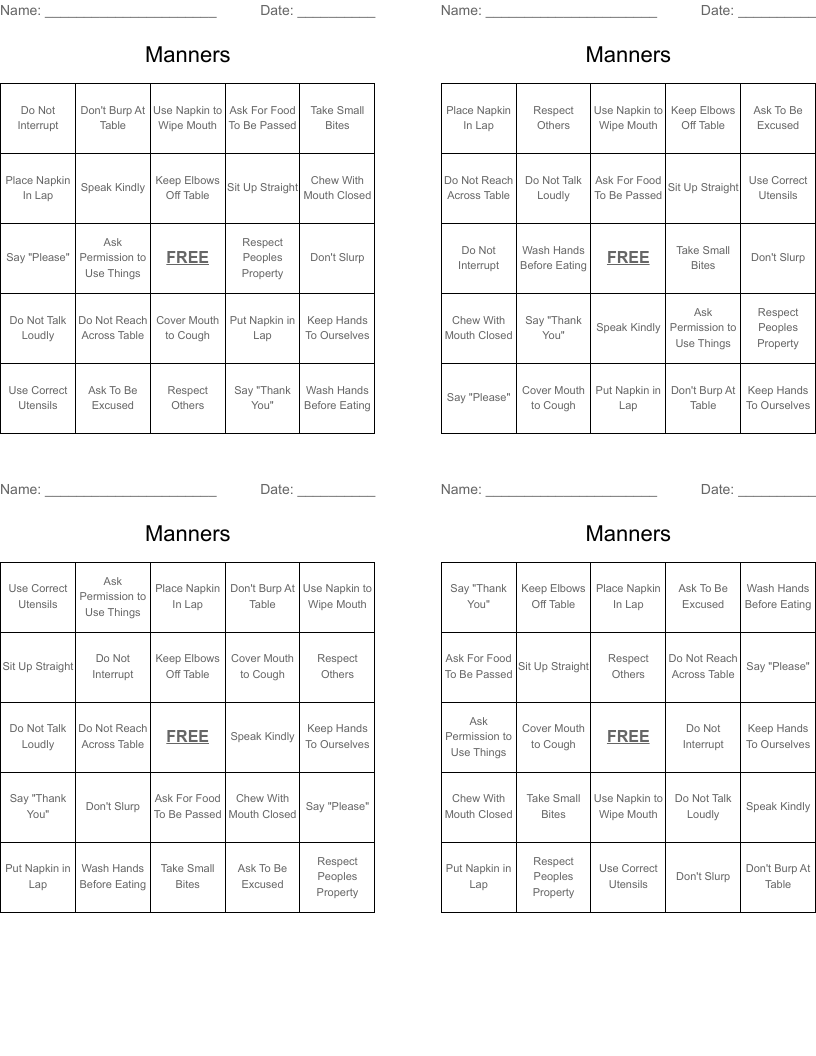 Manners Bingo Cards