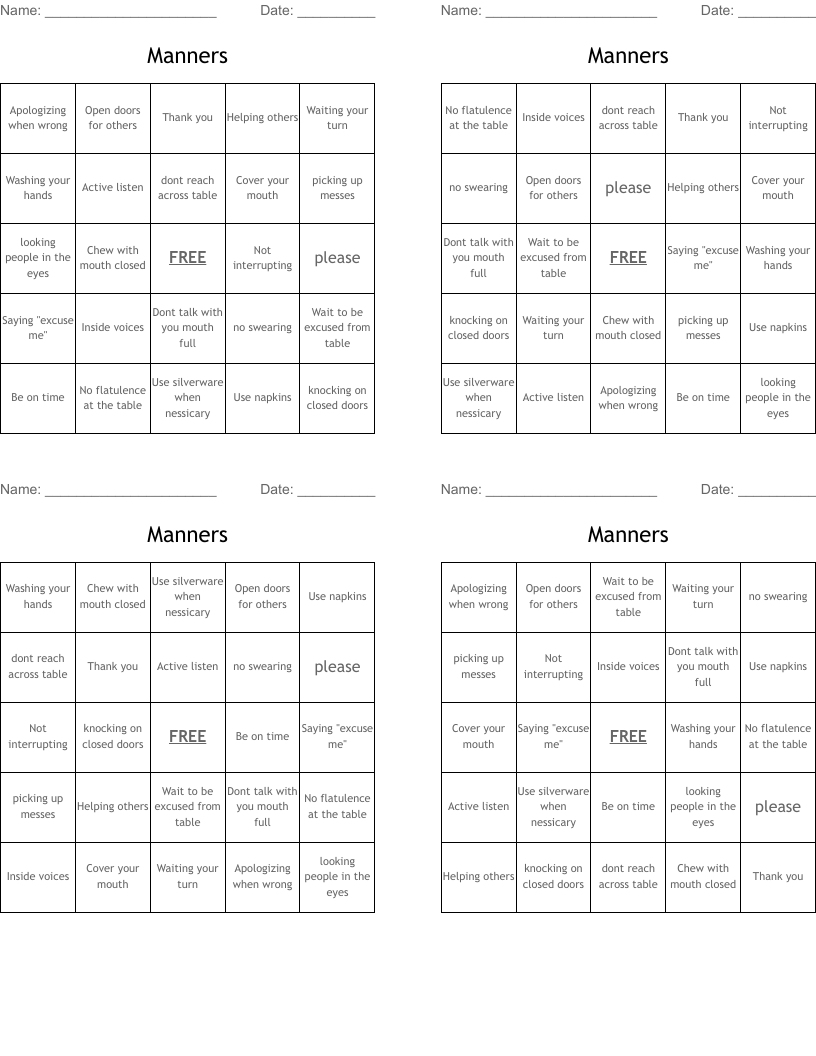 Manners Bingo Cards