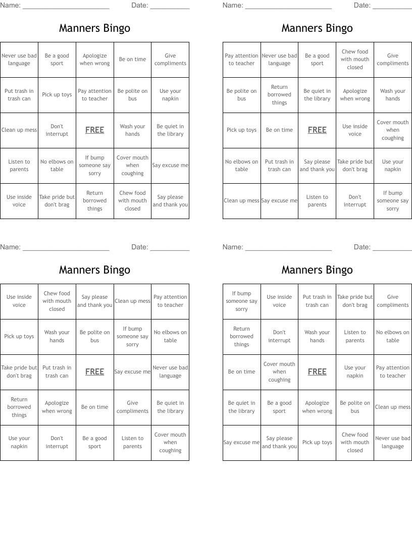 Manners Bingo