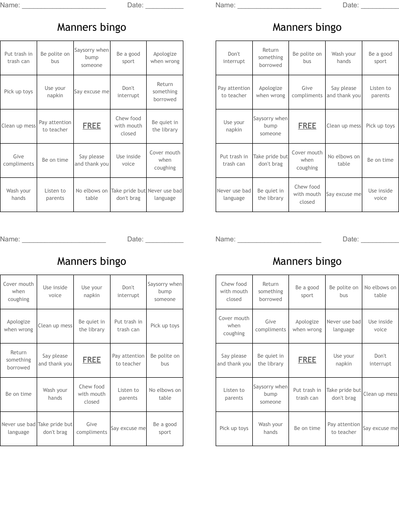 Manners bingo