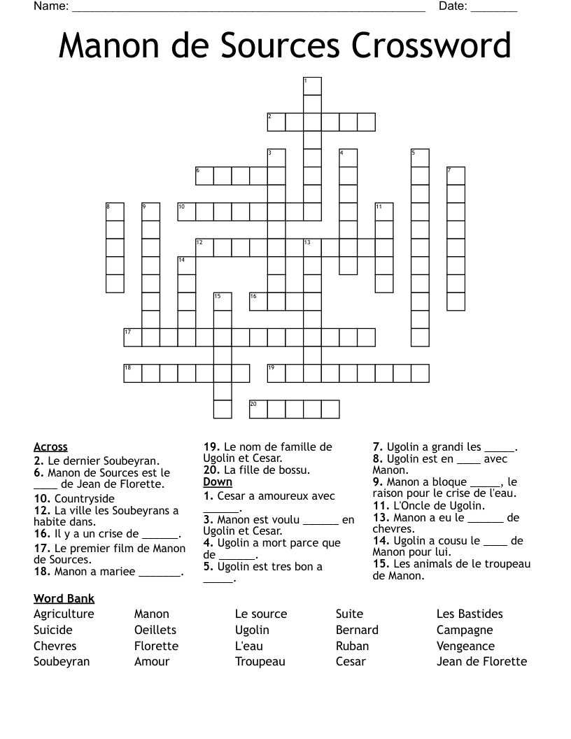 Manon de Sources Crossword