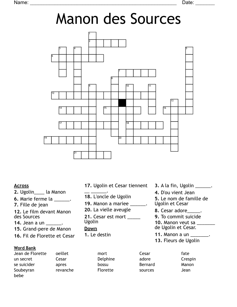 Manon des Sources Crossword