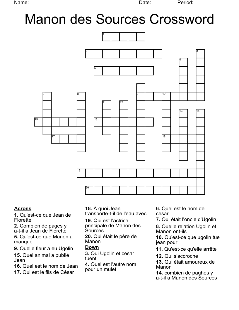 Manon des Sources Crossword