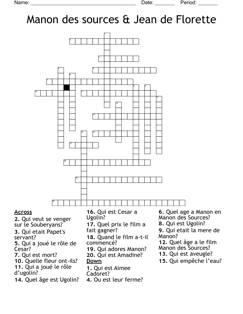 Manon des sources & Jean de Florette  Crossword