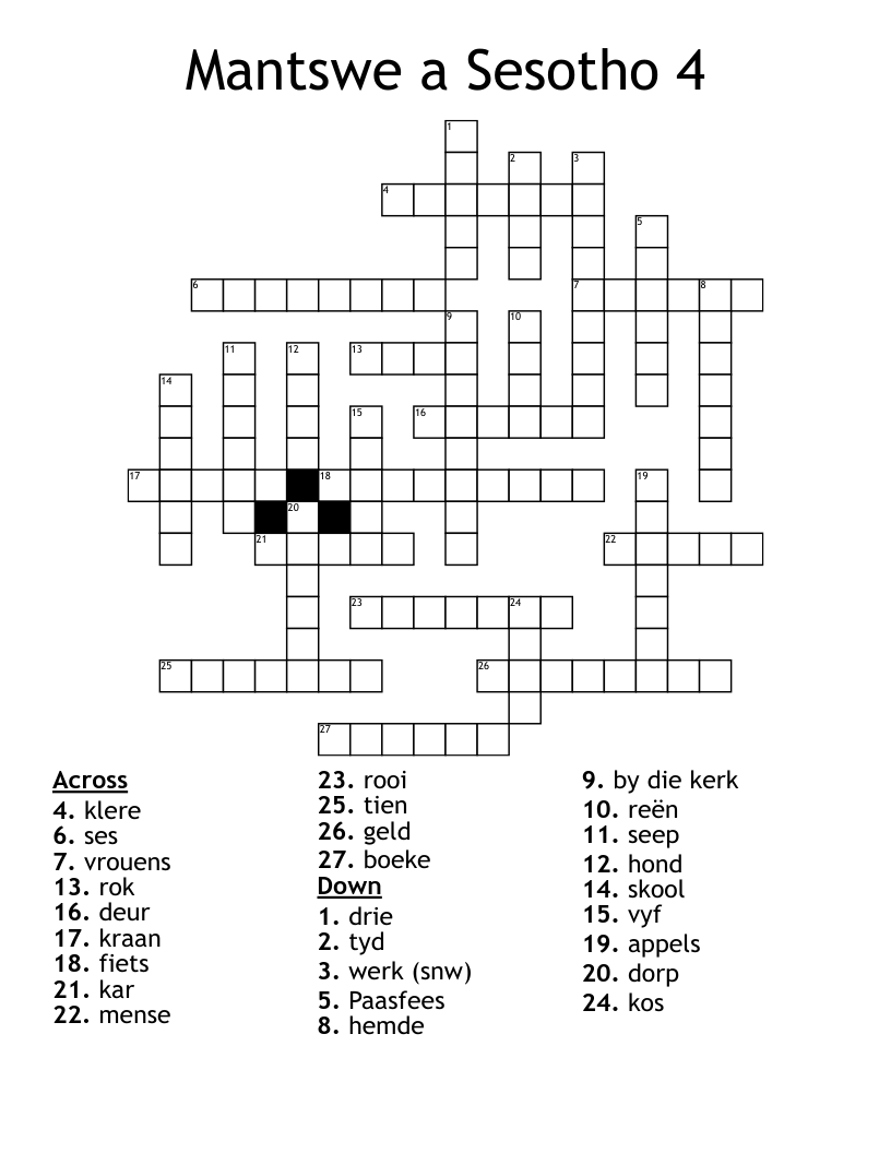 Mantswe a Sesotho 4  Crossword