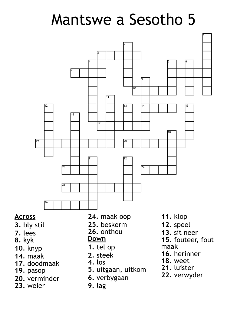 Mantswe a Sesotho 5 Crossword