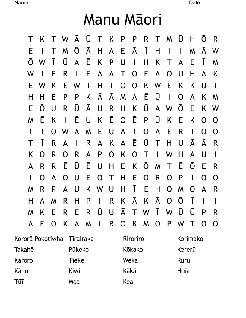 Manu Māori Word Search