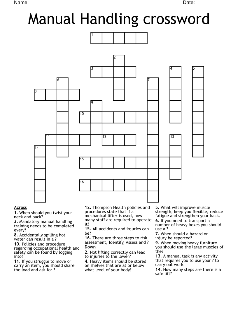 Manual Handling crossword