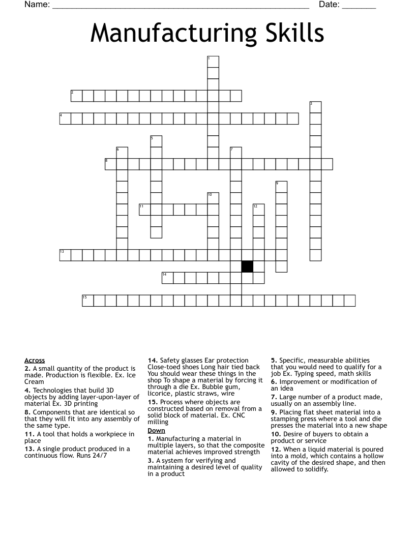 Manufacturing Skills Crossword