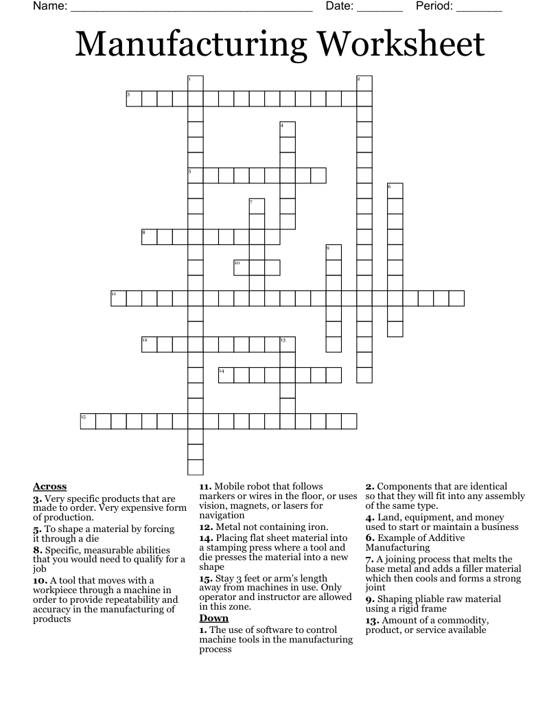 Manufacturing Worksheet Crossword