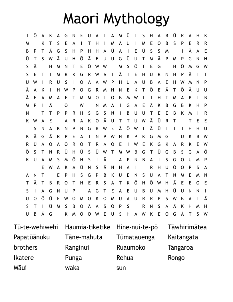 Maori Mythology Word Search