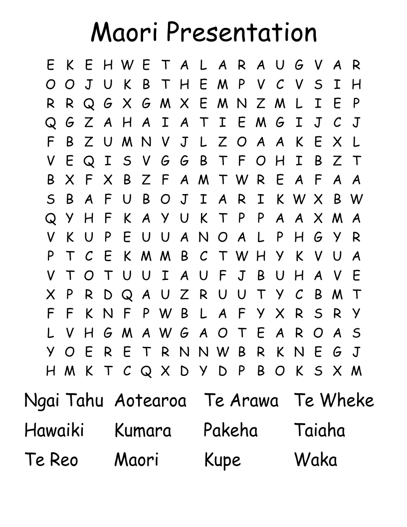 Maori Presentation Word Search
