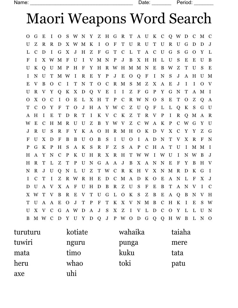 Maori Weapons  Word Search