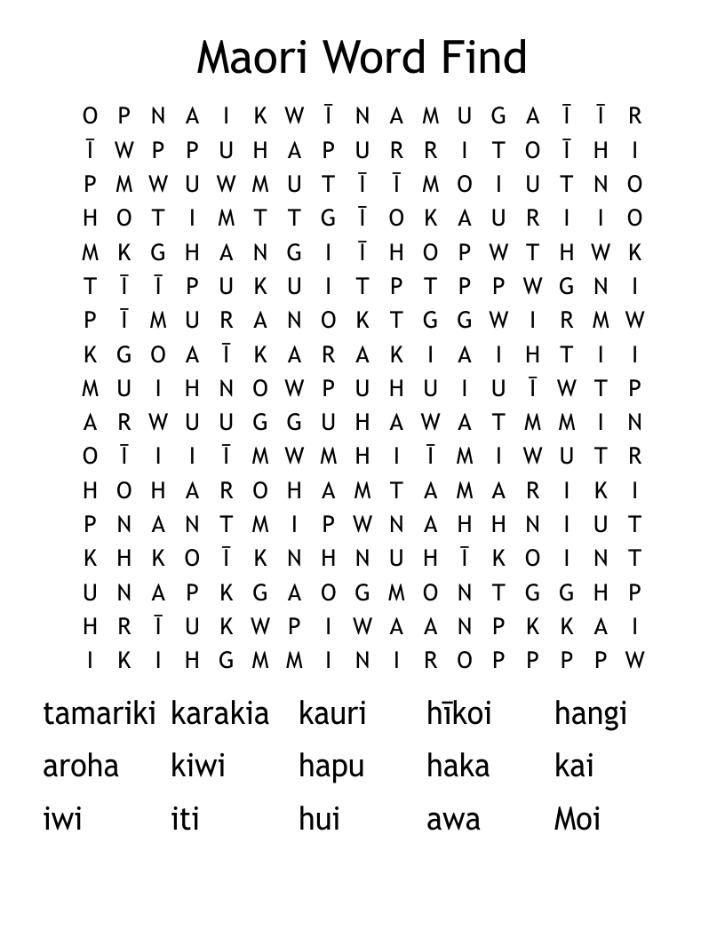 Maori Word Find Word Search