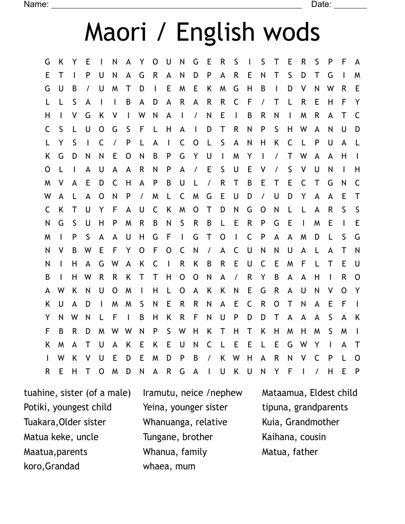 Maori / English wods Word Search