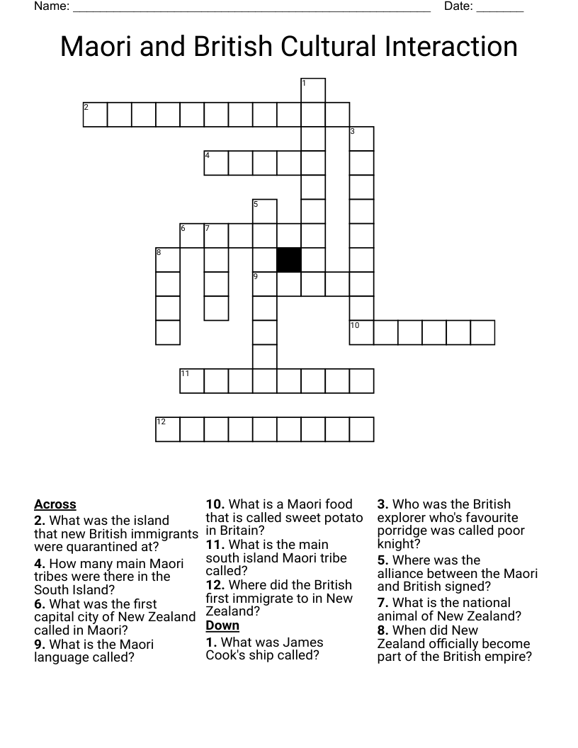 Maori and British Cultural Interaction Crossword
