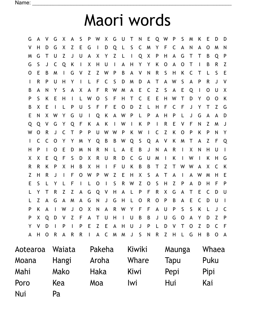 Maori words  Word Search