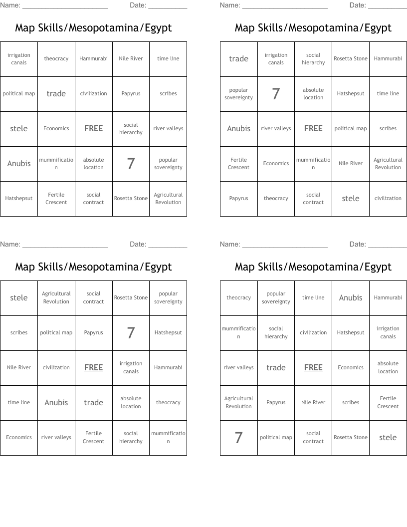 Map Skills/Mesopotamina/Egypt Bingo Cards