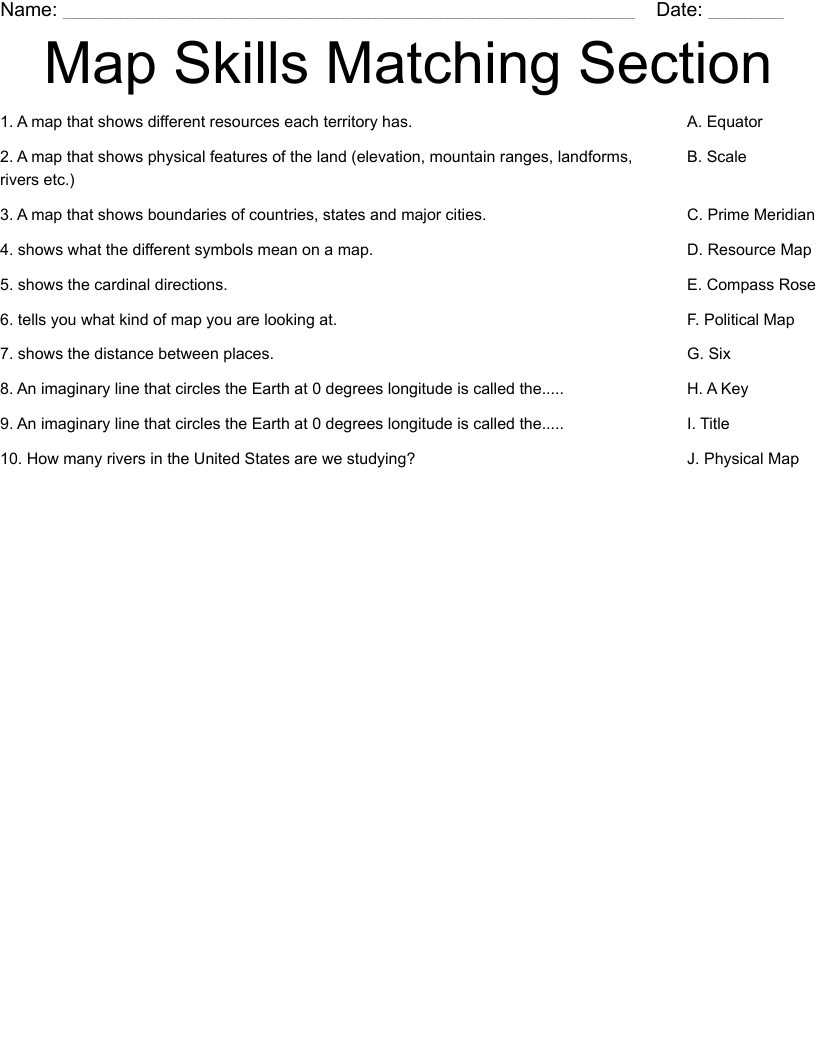 Map Skills Matching Section Worksheet