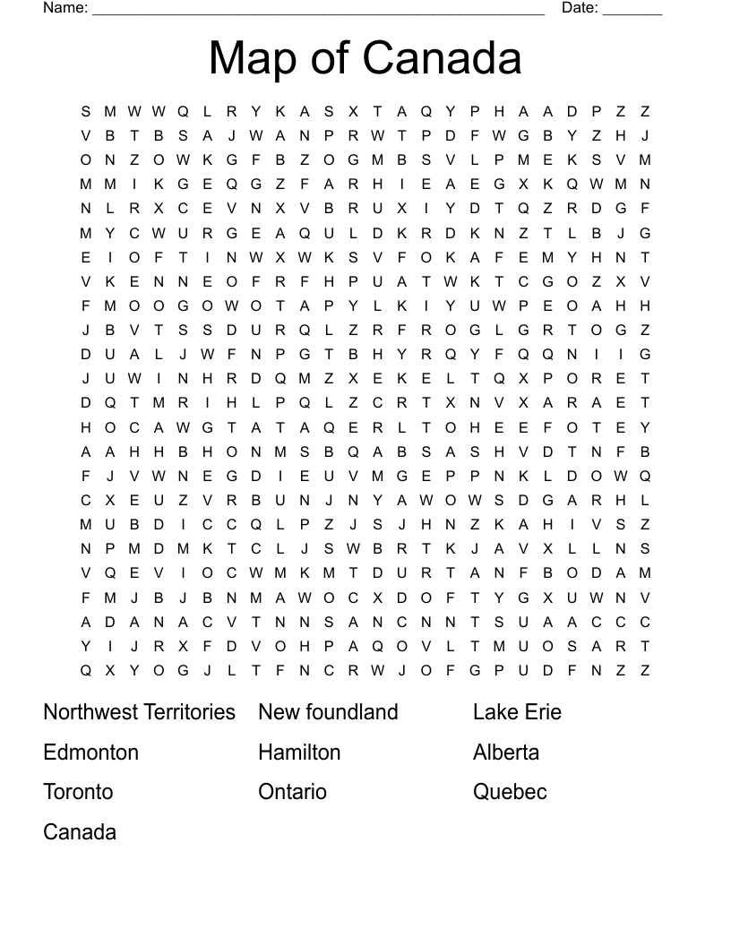 Map of Canada  Word Search