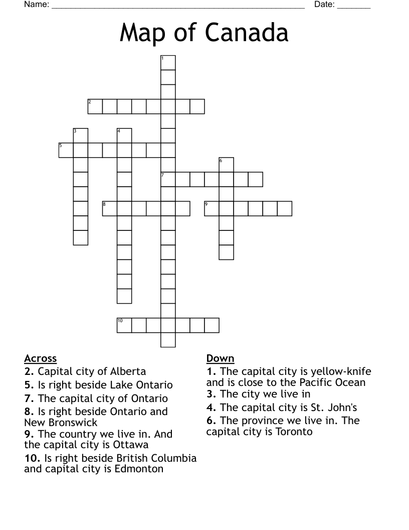 Map of Canada  Crossword