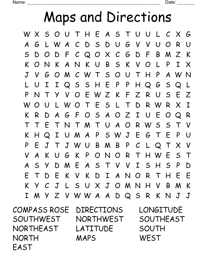 Maps and Directions Word Search