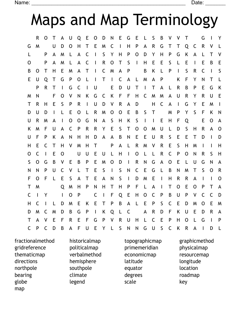 Maps and Map Terminology Word Search