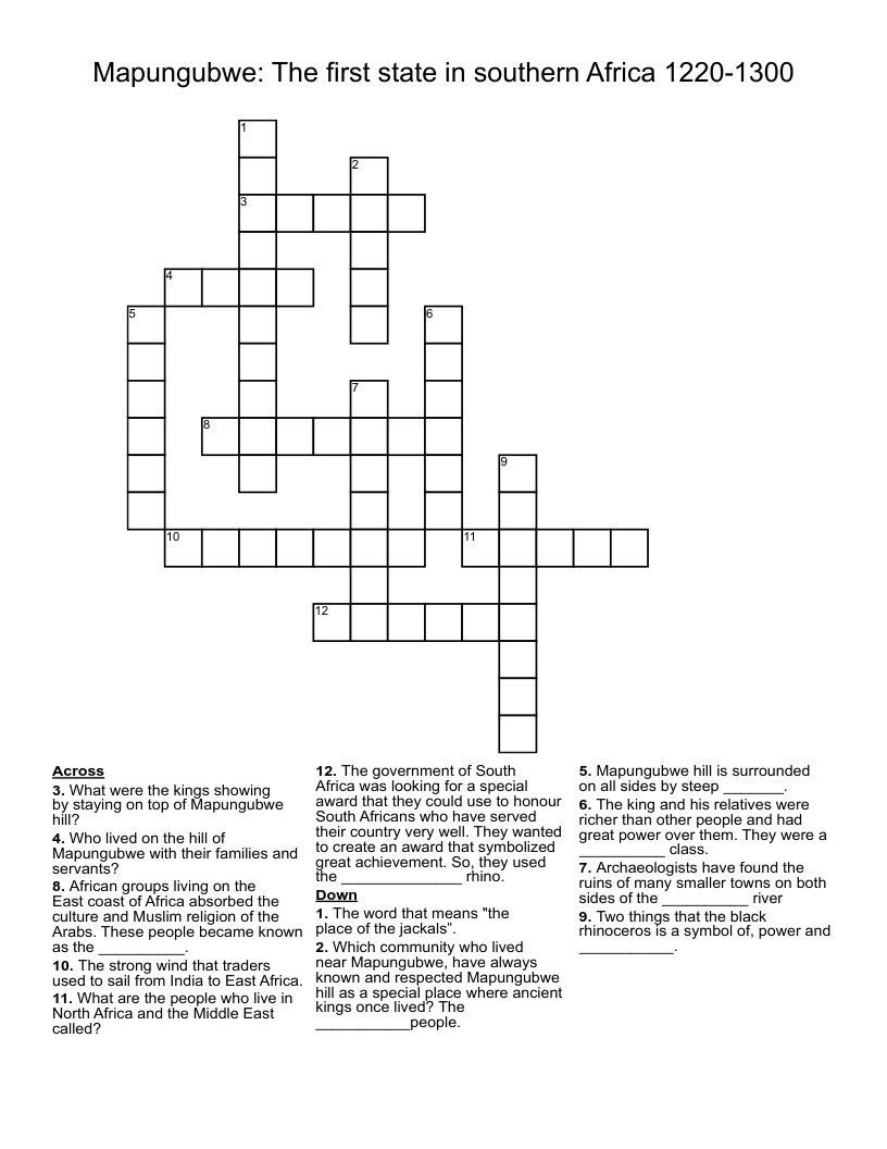 Mapungubwe: The first state in southern Africa 1220-1300 Crossword