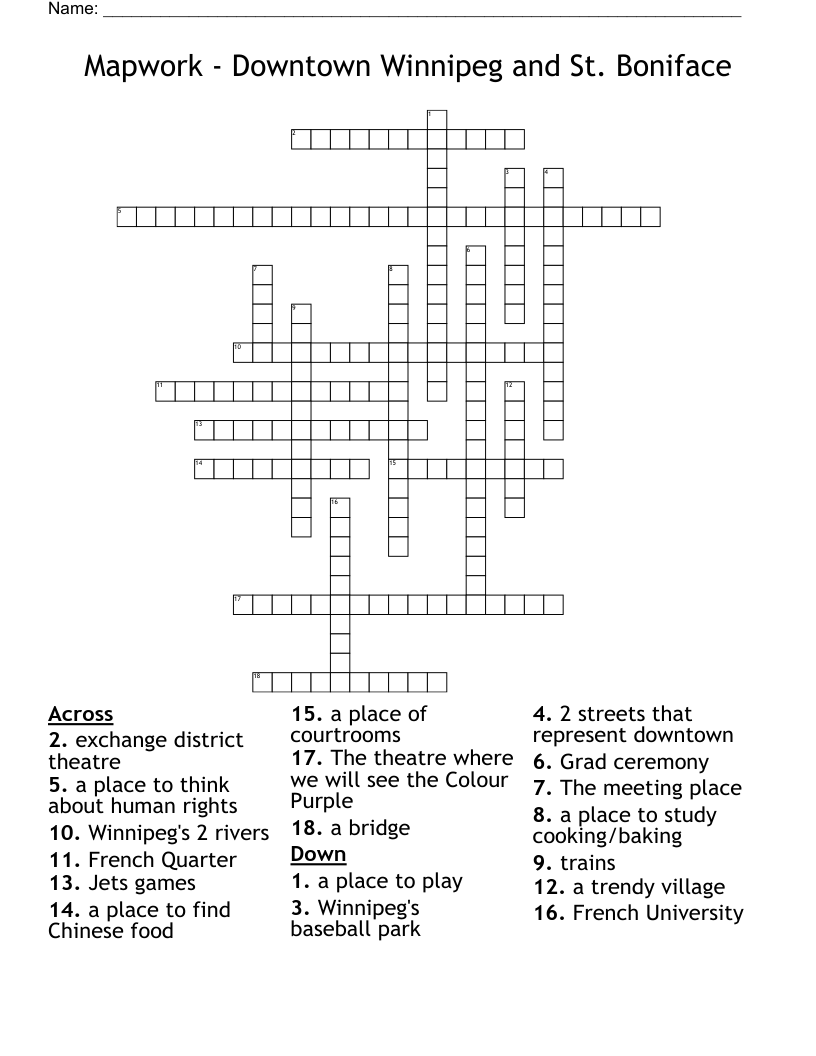 Mapwork - Downtown Winnipeg and St. Boniface Crossword