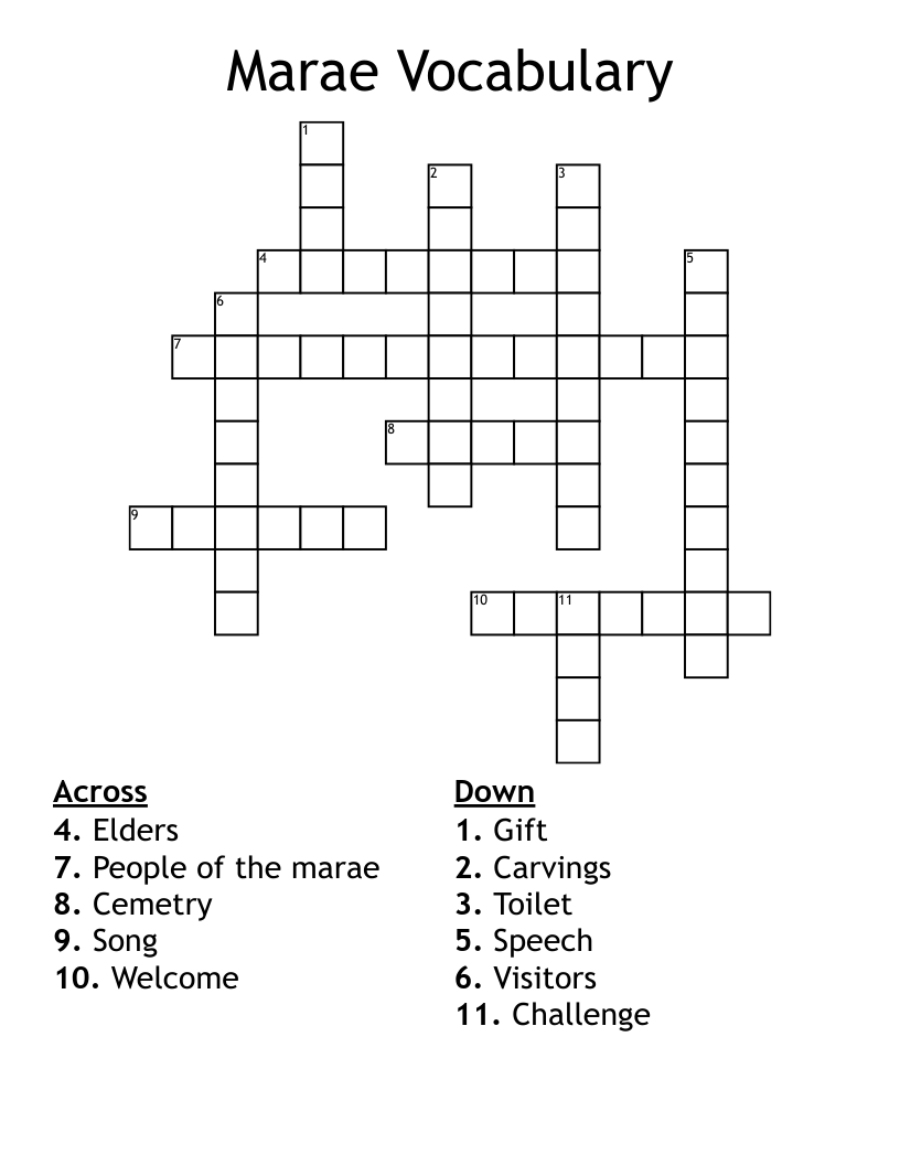 Marae Vocabulary Crossword
