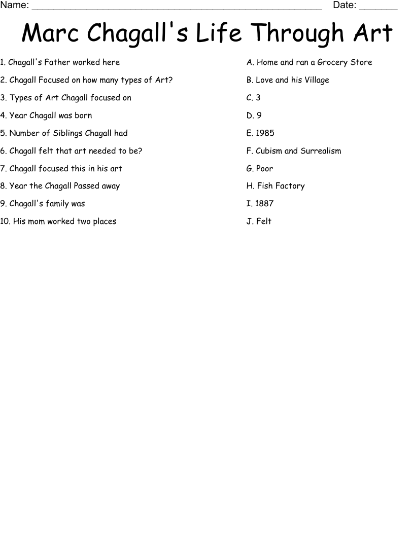 Marc Chagall's Life Through Art Worksheet
