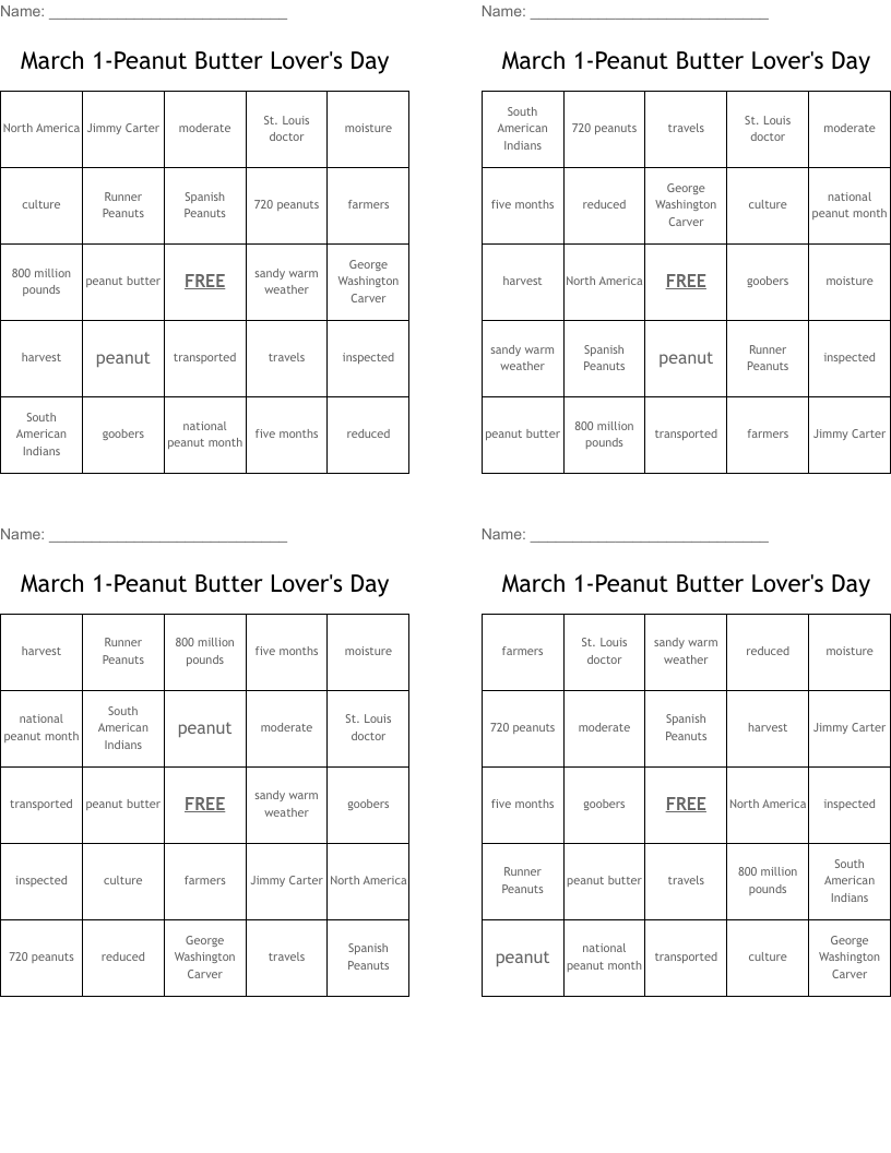 March 1-Peanut Butter Lover's Day  Bingo Cards